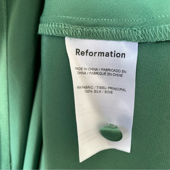Reformation Tatianna Silk Button Slit Midi Short Sleeve Dress Bottle Green - Picture 10 of 10